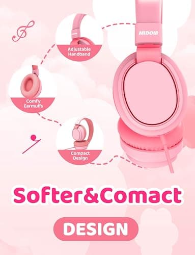 MIDOLA Kids Headphone Wired Volume Limited 85/94dB Over-Ear/On-Ear Foldable Headset with Microphone Hearing Protection Headphones for Toddler Boy Girl Child School Learning Pad Tablet Pink 6