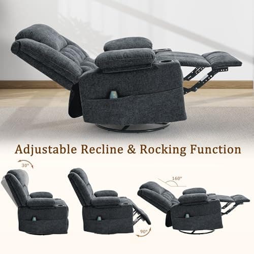 Korser 360° Swivel Rocker Recliner for Adults, Nursery Glider Recliner with Massage and Heating, Rocking Chair with Cup Holder, Manual Recliner Chair for Living Room, Bedroom (Fabric, Dark Gray) 5