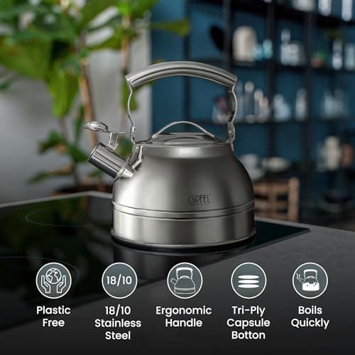 GIPFEL INTERNATIONAL Whistling Tea Kettle Stovetop - Food Grade Stainless Steel Teapot for Stove Top with Ergonomic Handle for Gas, Induction, Electric Stovetops 2.3 Quart 6