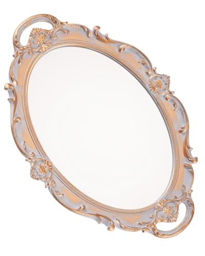 XPXKJ Vintage Gold Mirror Tray Vanity Tray for Dresser Perfume Storage Decorative Mirrored Glass Tray Coquette Room Decor, Bedroom, Bathroom Oval Antique Serving Makeup Organizer 8