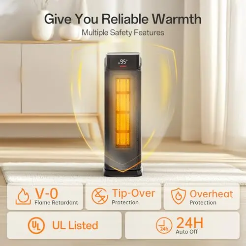BREEZOME Space Heater Indoor, 1500W PTC Portable Electric Heaters for Home with Thermostat & 90° Oscillating, 24H Timer, Quiet Safety Ceramic Tower Heater with Remote for Bedroom Office 7
