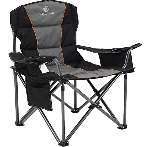 ALPHA CAMP Heavy Duty Camping Chair 500LBS Capacity, Oversized Folding Chair for Heavy People, Padded Portable Outdoor Chair with Cooler Bag & Cup Holder for Camping, Fishing, Beach,Black,1PC