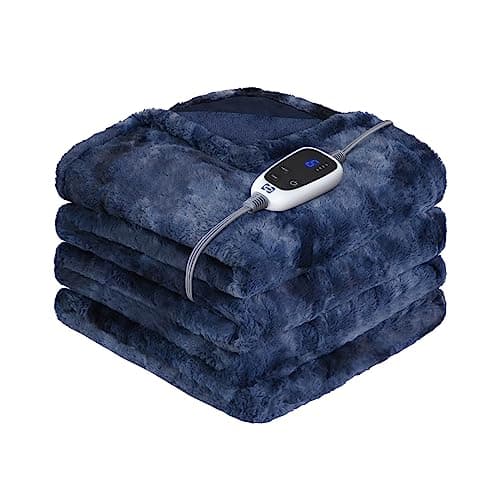 Sealy Electric Blanket Heated Throw, Faux Fur Heating Blanket with 6 Heat Settings & 2-10 Hours Auto Shut Off, Fast Heating & ETL Certification, 50x60 Inch, Navy Blue