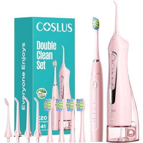 COSLUS C20 & C41 Portable Water Flosser with Electric Toothbrush Combo: 2-in-1 Oral Clean Kit for Teeth, Braces, Gums Care - Brushing & Flossing for Adults, Family, Travel Use, BPA-Free, Pink