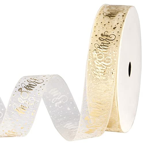 Holijolly Gold Sheer Gift Ribbon - Snow Yarn Ribbon with Mr & Mrs Lettering and Ring Print for Wedding Shower - 3/4 inch x 10 Yard