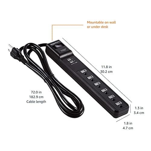 Amazon Basics Surge Protector Power Strip with 6 Outlets, 2 USB Ports, 1000 Joule, 6-Foot Cord Length, Black 6