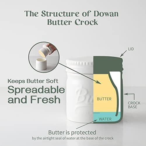 DOWAN Butter Crock, French Butter Dish for Spreadable Soft Butter, Ceramic Butter Keeper With Lid for Countertop, Butter Dish With Waterline, Housewarming Gift, Kitchen and Home Decor, Soft White 3