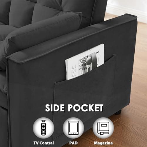 tiramisubest Sleeper Sofa Bed,55'' Convertible Pull Out Couch with Side Pockets,Velvet Fabric Loveseat Sleeper Sofa with Adjustable Backrest for Living Room,Apartment(Black) 6