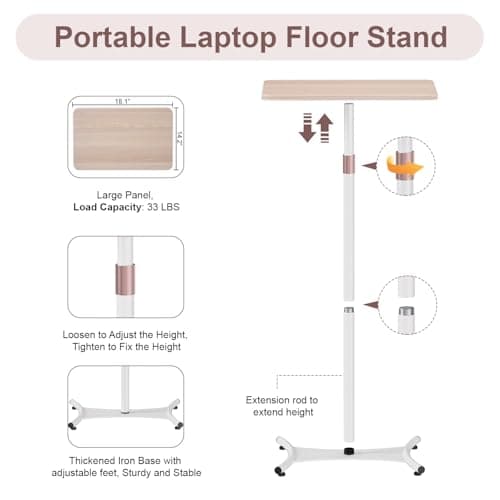 Snughome Portable Laptop Floor Stand, Wood Standing Laptop Table, Height Adjustment 18"-47" Small Standing Desk, Bedside Sofa Table Projector Stand Adjustable Computer Desk for Home Office 7