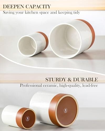 MALACASA Utensil Holder, 7.3"+5.5" Ceramic Kitchen Utensil Holder for Countertop, Large Cooking Utensil Crocks for Kitchen Counter, Farmhouse Utensils Organizer, Set of 2, Khaki White, Series TARA 7