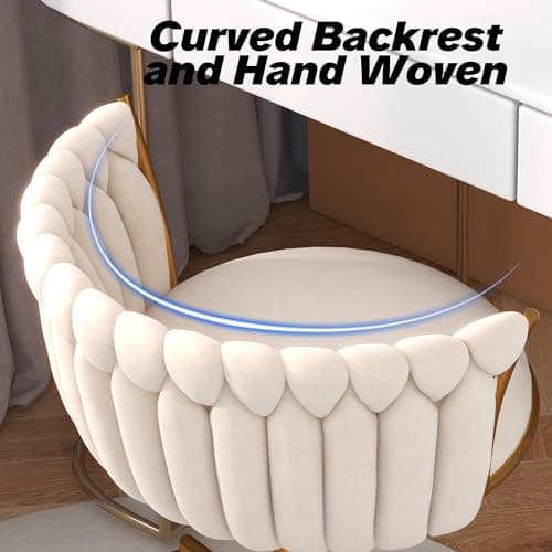HENGJIANYI Velvet Woven Home Office Chair, Modern Swivel Desk Chair with Wheels, Height Adjustable Vanity Chair with Gold Metal Base and Hand Weaving Back, Beige 5