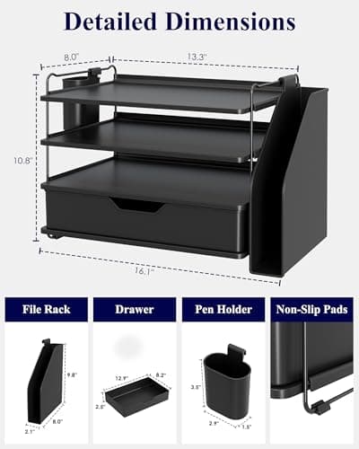 Kitsure Desk Organizer - 4-Tier Office Desk Accessories with Drawer ＆ Pen Holder, Tool-Free Assembly Organizer with Non-Slip Pads, for Office Supplies Storage, Plastic, 13.3" x 8.0" x 10.8", Black 5