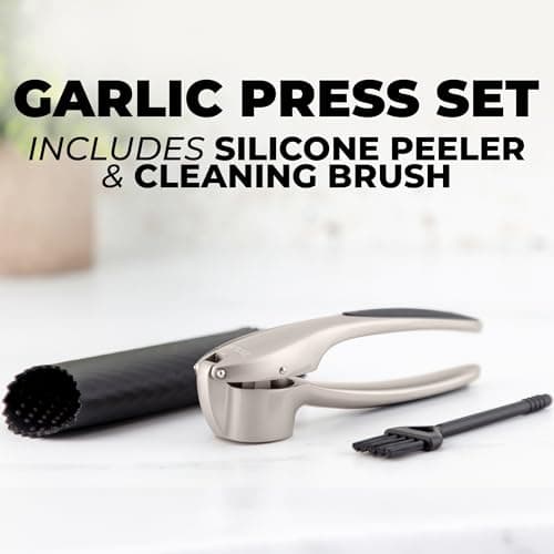 Zulay Kitchen Premium Garlic Press Set – Rust Proof & Dishwasher Safe Garlic Mincer Tool with Silicone Garlic Peeler & Brush, Easy Squeeze & Clean, Ergonomic Soft Grip Handle - Medium – Silver 6