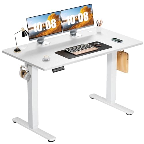 Sweetcrispy Electric Standing Desk Adjustable Height, 48x24 Inch Sit Stand Up Home Office Desks Computer Workstation PC Work Table with 3 Memory Preset Splice Wood Board Metal Frame, White