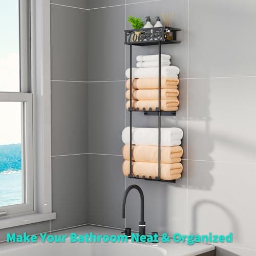 HapiRm Towel Rack Bathroom Storage - 3 Tier Over The Door & Wall Mounted Rolled Towel Racks Holder Organizer with Metal Shelf and 6 Hooks for Small Bathroom, Camper, Rv - Black (for 1.77 in Doors) 6