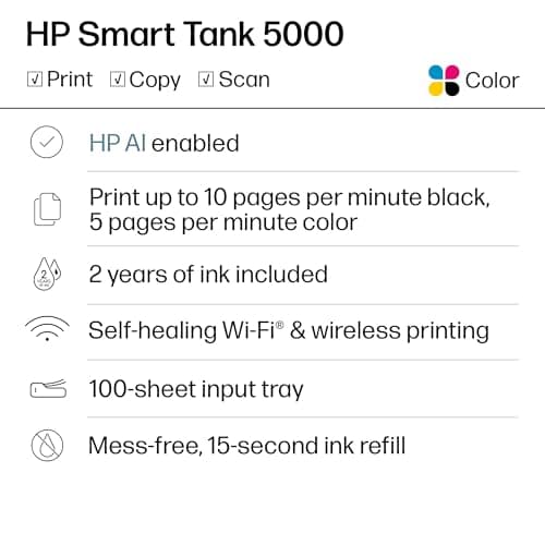 HP Smart Tank 5000 Wireless All-in-One Ink Tank Printer, Scanner, Copier with 2 Years of Ink Included, Best-for-Home, Cartridge-Free, Refillable, AI-Enabled, an EcoTank Alternative (5D1B6A) 6
