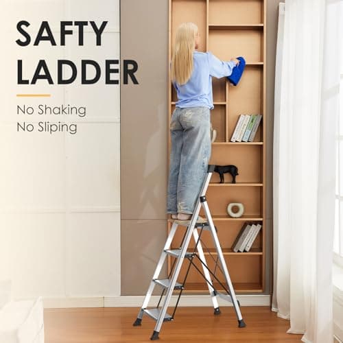 HBtower 4 Step Ladder, Lightweight Aluminum Ladders for Home with Tool Tray, Anti-Slip Folding Step Stool for Adults, Strudy Portable 330LBS Capacity 7