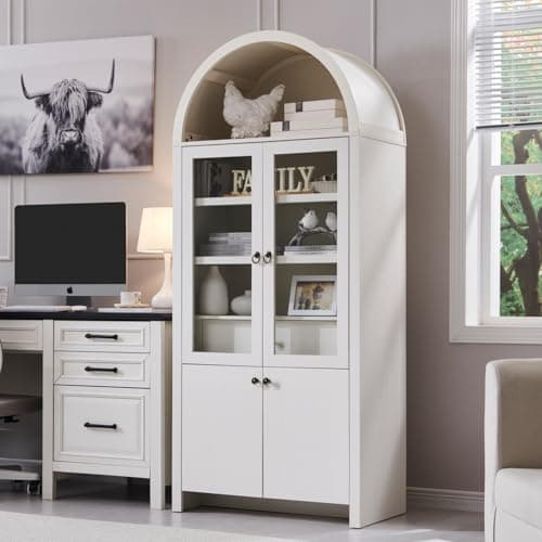 71” Tall Arched Bookshelf, Modern Farmhouse Bookcase w/ Open & Adjustable Shelf, Wooden Display Cabinet with Large Hidden Drawer and Glass Doors, Versatile Bookshelf for Living Room, Bedroom, White