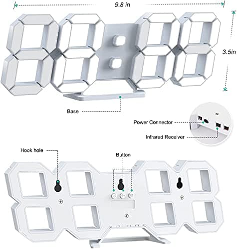 Led Digital Alarm, 3D Wall Clock Desk Auto Dimming 12/24 Hour Date Temperature Home Decor Remote Control Silent Snooze USB Nightlight Bedroom Living Room Kitchen Office 9.7inch Cool White 7
