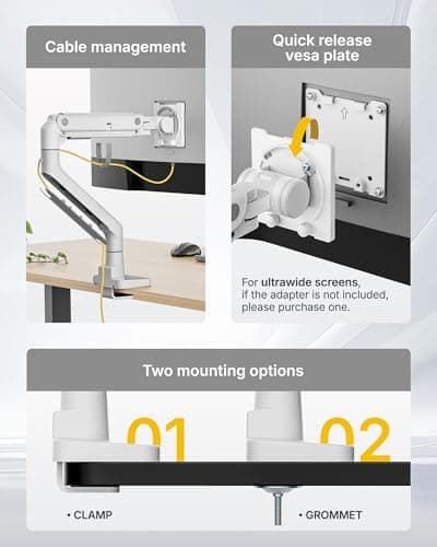 monTEK Heavy-Duty Monitor Arm for 17-57" Ultrawide Curved Screen, Supports up to 59.4 lbs, Adjustable Gas Spring Arm, 75/100 VESA Mount, Clamp & Grommet Desk Monitor Mount Single, White 7