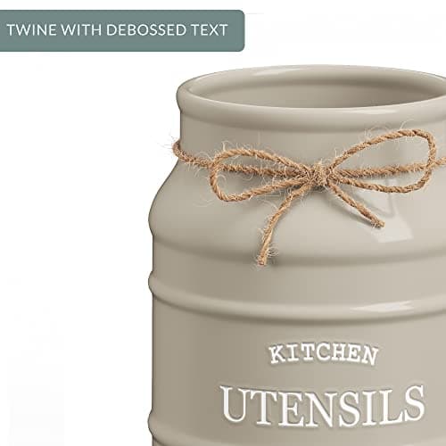 Barnyard Designs Ceramic Farmhouse Utensil Holder for Kitchen Counter, Large Rustic Utensil Crock, Countertop Cooking Tool Spatula Organizer, 6.75” (Taupe) 9