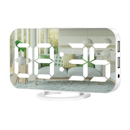 Muoigoe Digital Alarm Clock,Large Display LED And Mirror Desk Clock With Dual USB Charger Ports, 3 Levels Brightness,12/24H Alarm Clocks, Modern Electronic Clock for Bedroom Living Room Office - White
