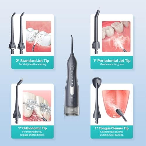COSLUS Water Dental Flosser Teeth Pick C20(F5020E): Portable Cordless Oral Irrigator 300ML Rechargeable Travel Irrigation Cleaner IPX7 Waterproof Electric Flossing Machine for Teeth Cleaning, Grey 8