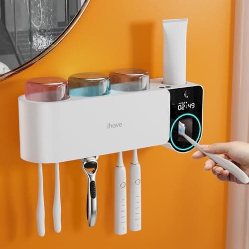 iHave Toothbrush Holder with Touchless Toothpaste Dispenser & UV Toothbrush Sanitizer for Bathrooms | 6-Slot Wall Mounted Organizer with Auto-Cycle Disinfection for Toothbrushes, Razor & 3 Cups