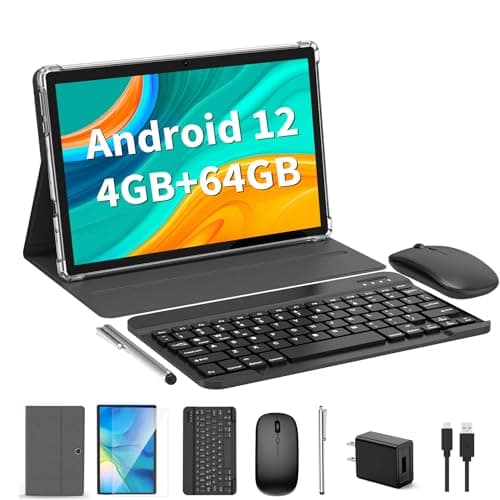 HISORL Android Tablet, 10 Inch Android 12 Tablet, 2 in 1 Tablet with Keyboard, Mouse, Case, Stylus, 4GB RAM 64GB ROM 1TB Expand, WiFi, Bluetooth, 8000mAh Battery, GMS Certified(Silver)