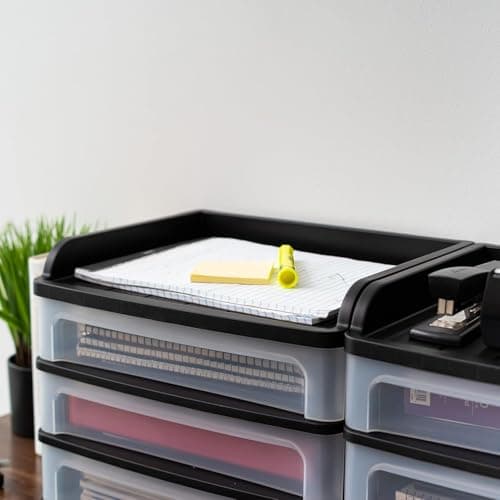 IRIS USA Plastic Desk Top 3-Drawer Storage Organizer with Paper Tray Top, 1-Pack, for Makeup Vanity Nail Polish Bathroom Stationery Art Craft Supplies Kitchen Office Garage Organization, Medium, Black 9