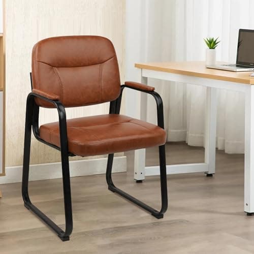 CLATINA Waiting Reception Chairs No Wheel, Leather Guest Chair with Padded Arms, Modern Brown Office Desk Chairs with Sled Base for Office Meeting Conference Room Lobby Home Living Room (2 Pack) 9