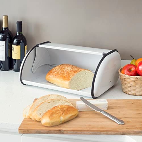 Home Basics Roll-Top Lid Steel Bread Box For Kicthen, Bread Bin, Bread Storage Bread Holder, White 6