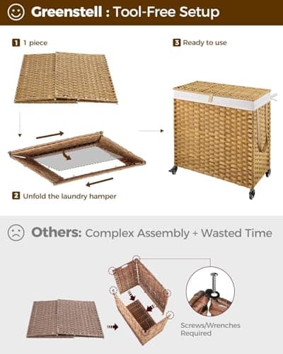 Greenstell Laundry Hamper with Wheels&Lid, 130L Large 3 Sections Clothes Hamper with 2 Types Removable Liner Bags, 5 Mesh Laundry Bags, Handwoven Divided Laundry Basket for Clothes, Natural 7