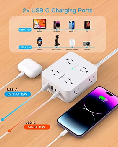 Surge Protector Power Strip, HANYCONY Extension Cord with Multiple Outlets, 5 Ft Ultra Thin Flat Plug 8 Outlets 4 USB Ports(2USB C), 1080J Outlet Extender for Home Office College Dorm Room Essentials 5