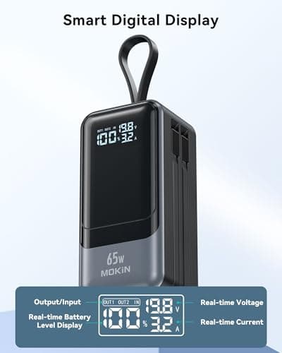 Portable Charger, 65W Power Bank Fast Charging, USB C Battery Pack with Built in Cable, 4 Outputs Powerbank, Travel Essentials Compatible with iPhone 17 16 15 14 13 iPad MacBook Pro Samsung Dell XPS 6