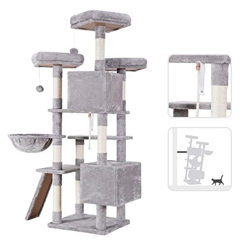 Heybly Cat Tree Large Cat Tower for Indoor Cats,Multi-Level Cat Furniture Condo for Cats with 3 Padded Plush Perch, Cozy Basket and Scratching Board HCT024W 5