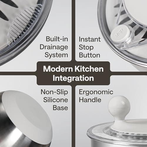 NORDELLE Stainless Steel Salad Spinner – Large Lettuce Dryer with Non-Slip Base & Instant Stop, BPA-Free Vegetable Washer, 5.3 Qt Cream White 6