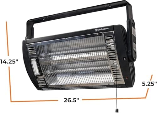Comfort Zone 1500W Ceiling Mounted Dual Quartz Radiant Heater – Infrared Workshop Heater with 90° Adjustable Tilt, Built-in Halogen Light & Pull String Control – Overheat Protection, Black 6