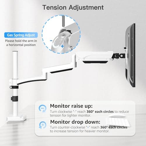 MOUNTUP 27inch Extra Long Monitor Arm, Single Desk Mount for 22-32 inch, Tall Monitor Stand Holds 4.4-19.8lbs, Height Adjustable Monitors Stand for Desk with C-Clamp/Grommet Base, White 9