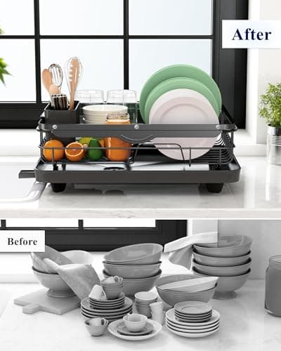 Kitsure Dish Drying Rack for Kitchen Counter, Stainless Steel Sink Organization and Storage Essentials with Cutlery Holder, Home and Appartment Decor, 12.2''W x 15.7''~23''L, Black 7