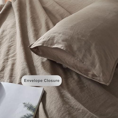 TOSMO 100% Linen Pillowcase Standard Size, Set of 2, Stone Washed Pillowcases Envelope Closure, Soft and Durable Pillow Cases, 20" X 26", Taupe 5