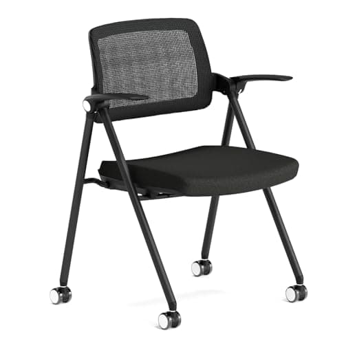 FYLICA Stackable & Foldable Office Chair, Folding Desk Chair with Flip-Up Armrest, Breathable Mesh, Thick Seat Cushion & Rocking Backrest, Conference Room Chair with Wheel (Black，1)