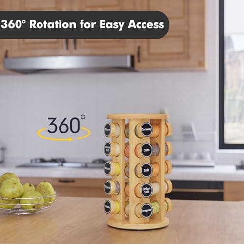 New England Stories Revolving Spice Rack Set with 20 Spice Jars, Kitchen Spice Tower Organizer for Countertop or Cabinet - Carousel Storage Includes 386 Spice Labels (Bamboo) 3