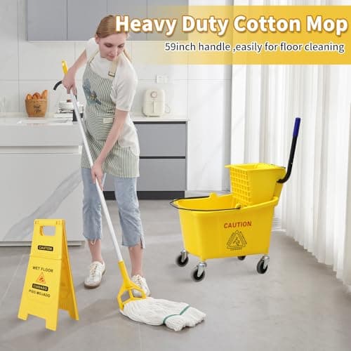 Midoneat Side Press Wringer Combo Commercial Mop Bucket on Wheels, 35 Quart,Yellow, Including Wet Floor Caution Sign（24Inch） and One Industrail Mop 6