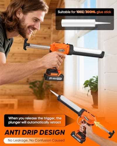 Saker Electric Caulking Gun Cordless Caulk Gun Drip-free with Caulking Tools 4 Adjustable Speeds with LED Light 10oz/300ml for Kitchen Bathroom Filling, Sealing 2 Batteries 6