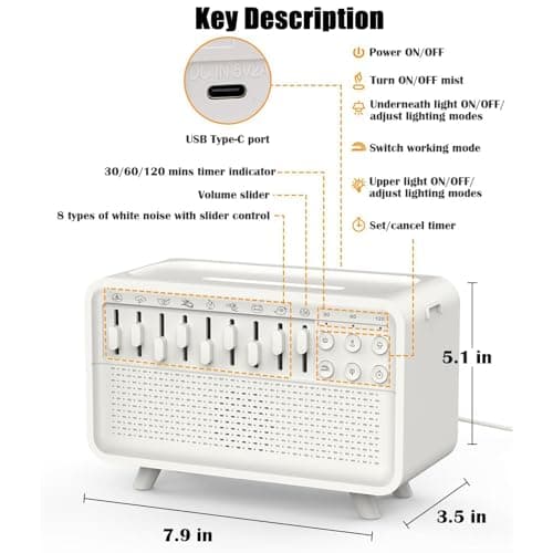 Noise Humidifier, LED Sleep Sound Box, 3 in 1 White Noise Sound Aroma Humidifier, Speaker with Simulation Flame, Color-Changing Night Light ＆ 8 White Noise for Home, Office 7