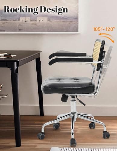 Murago Mid Century Modern Rattan Desk Chair, Vintage Rattan Office Chair, 360° Swivel, Height and Tilt Adjustment, Black Leather，with Armrests 5