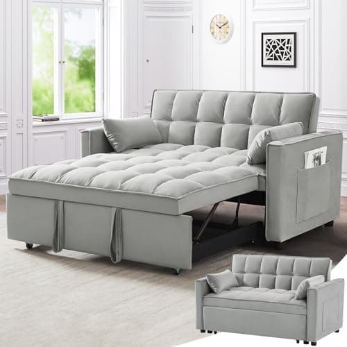 Skepphlay 3 in 1 Convertible Sofa Bed, Pull Out Couch with 3-Level Adjust Backrest, Loveseat Sleeper Recliner with Storage Pockets and 2 Pillows, Velvet Chaise Lounge for Living Room, Gray, Full Size