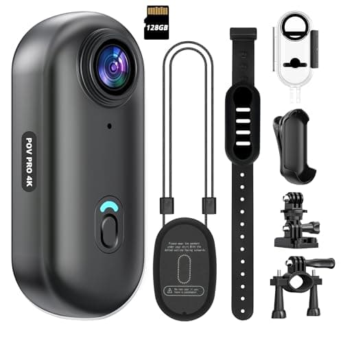 4K Mini WiFi Action Camera 128GB Thumb POV Portable Body Cam Wearable Video Recorder with IPX7 Waterproof Underwater Camcorder, Helmet Mount, Magnetic Sport DV for Bike Cycling, Pet, Vlogging(Black)
