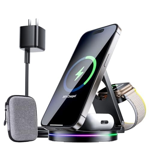 3 in 1 Wireless Charging Station for Apple Charger, 30W Fast Mag-Safe Qi2-Certified Magnetic Portable Charger Stand for iPhone 1615141312 Apple Watch AirPods 3/2 Pro, Adjustable Angle (Black, Qi2)